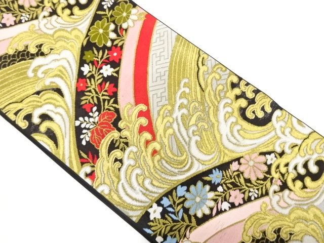 アンティーク　荒波に草花・古典柄模様織出し袋帯（着用可）